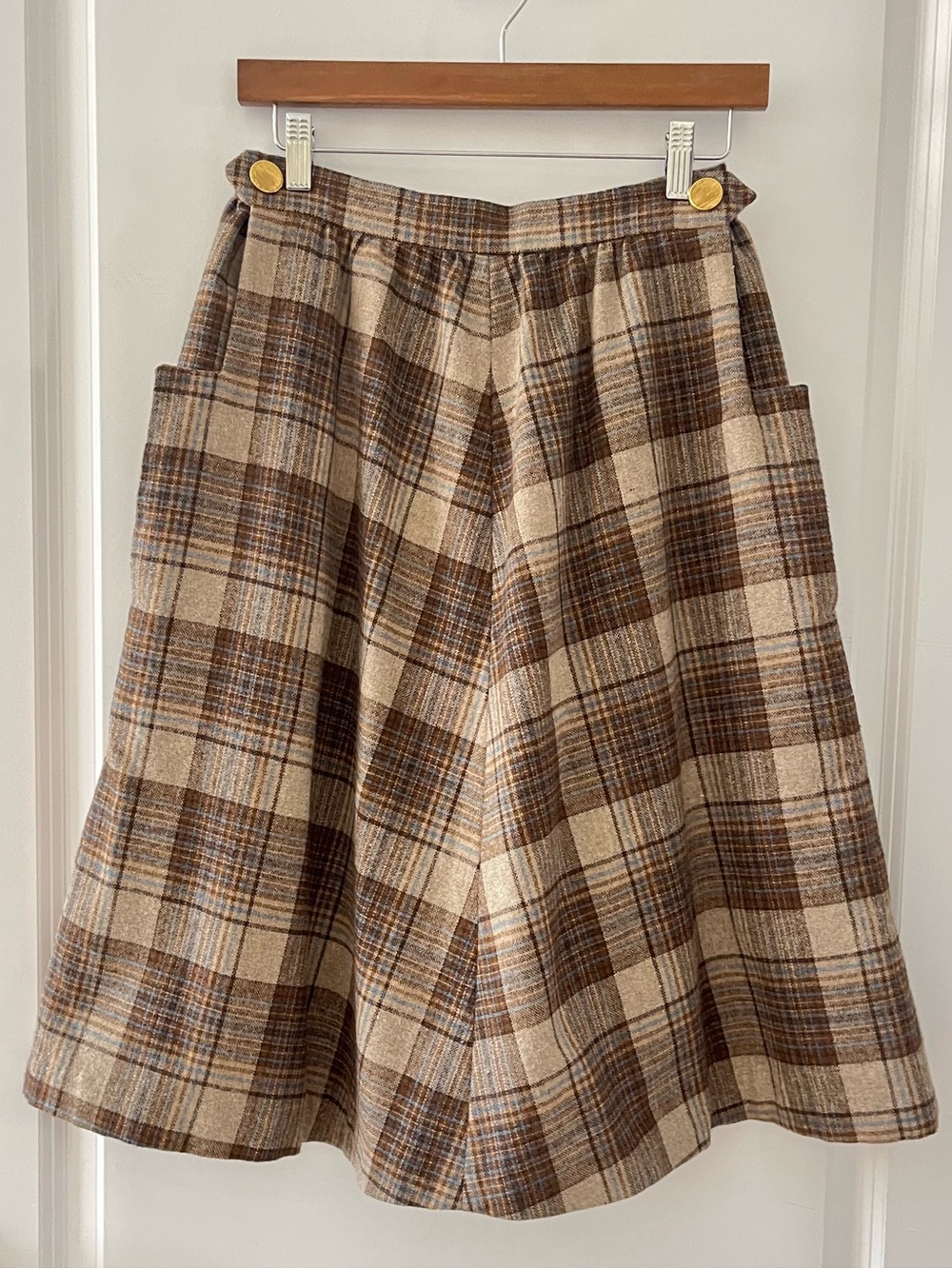 Plaid A-Line Midi Skirt in Brown and Cream